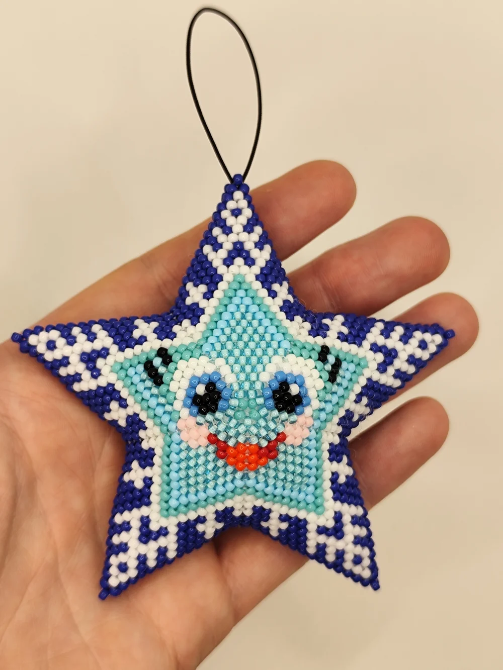 Handmade Blue Star Beaded Holiday Ornament - Smiling Face